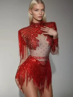 Bodysuits|Tops*Jiu Bajia O/S Lorvain Rhinestone Fringe Bodysuit In Red