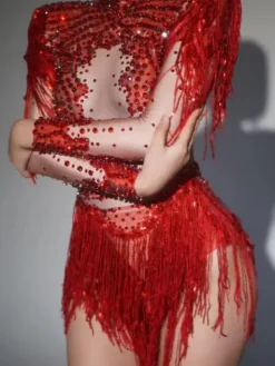 Bodysuits|Tops*Jiu Bajia O/S Lorvain Rhinestone Fringe Bodysuit In Red
