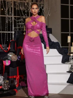 Maxi Dresses|Dresses*Mew Mews Fashion Lowen Flower Cutout Sequin Maxi Dress In Hot Pink