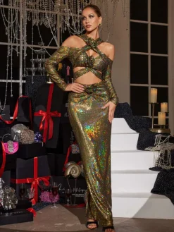 Dresses|Maxi Dresses*Mew Mews Fashion Lowen Flower Cutout Sequin Maxi Dress In Olive