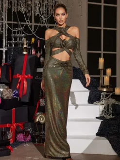 Dresses|Maxi Dresses*Mew Mews Fashion Lowen Flower Cutout Sequin Maxi Dress In Olive