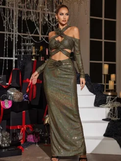 Dresses|Maxi Dresses*Mew Mews Fashion Lowen Flower Cutout Sequin Maxi Dress In Olive