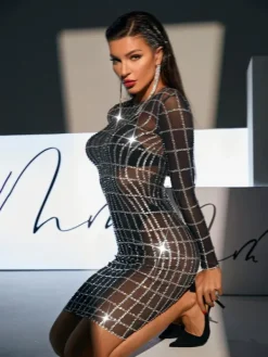 Embellishment|Dresses*Embellishment Luan Long Sleeve Net Rhinestone Mesh Dress