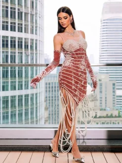 Dresses|Embellishment*Embellishment Lucille Pearl Fringe Velvet Mini Dress With Gloves