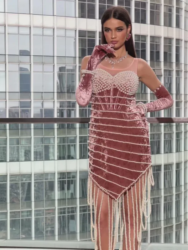 Dresses|Embellishment*Embellishment Lucille Pearl Fringe Velvet Mini Dress With Gloves