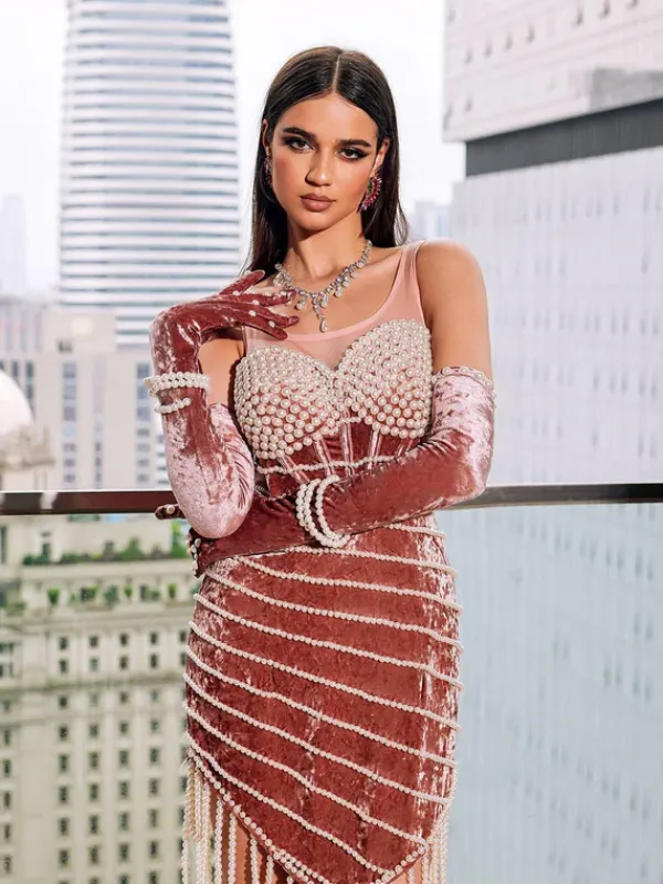 Dresses|Embellishment*Embellishment Lucille Pearl Fringe Velvet Mini Dress With Gloves