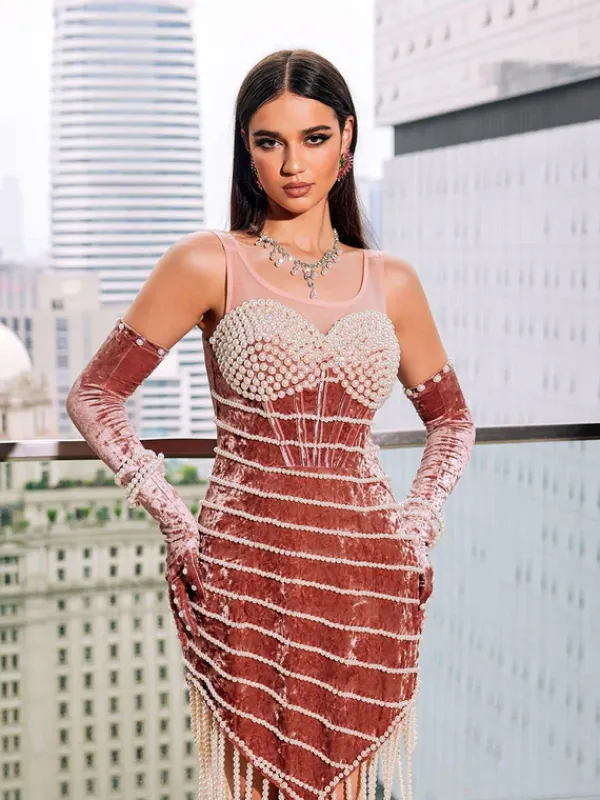 Dresses|Embellishment*Embellishment Lucille Pearl Fringe Velvet Mini Dress With Gloves