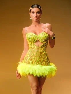Dresses|Mini Dresses*Jiu Bajia O/S Luminara Rhinestone Tulle Trimmed Mini Dress