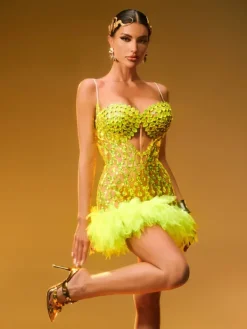 Dresses|Mini Dresses*Jiu Bajia O/S Luminara Rhinestone Tulle Trimmed Mini Dress