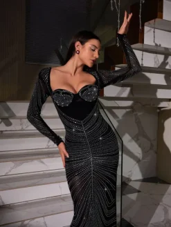 Dresses|Maxi Dresses*Mew Mews Fashion Lux Long Sleeve Crystal Maxi Dress