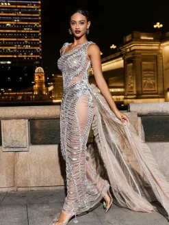 Embellishment|Dresses*Embellishment Lyda Draped Cutout Sequin Mesh Dress In Silver