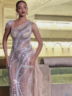 Embellishment|Dresses*Embellishment Lyda Draped Cutout Sequin Mesh Dress In Silver