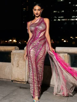 Embellishment|Dresses*Embellishment Lyda Draped Cutout Sequin Mesh Dress In Hot Pink