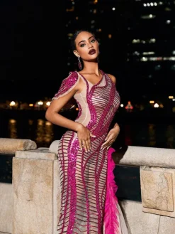 Embellishment|Dresses*Embellishment Lyda Draped Cutout Sequin Mesh Dress In Hot Pink