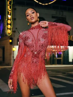 Bodysuits|Tops*Mew Mews Fashion Macsen Rhinestone Fringe Bodysuit
