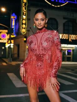 Bodysuits|Tops*Mew Mews Fashion Macsen Rhinestone Fringe Bodysuit