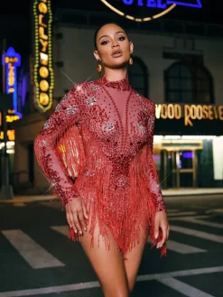 Bodysuits|Tops*Mew Mews Fashion Macsen Rhinestone Fringe Bodysuit
