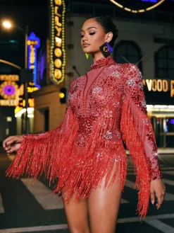 Bodysuits|Tops*Mew Mews Fashion Macsen Rhinestone Fringe Bodysuit