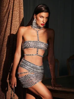 Embellishment|Dresses*Embellishment O/S Mafalda High Neck Rhinestone Mesh Mini Dress