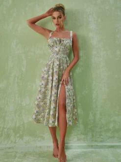 Dresses|Midi Dresses*Mew Mews Fashion Maire Floral Split Midi Dress In Green
