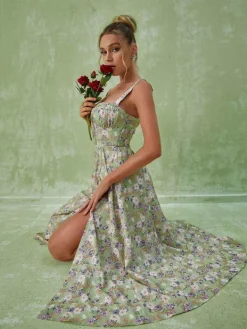 Dresses|Midi Dresses*Mew Mews Fashion Maire Floral Split Midi Dress In Green