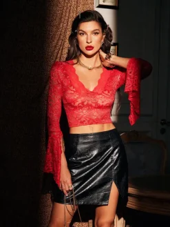 Tops*Mew Mews Fashion Marcella Trimmed V Neck Crop Lace Top