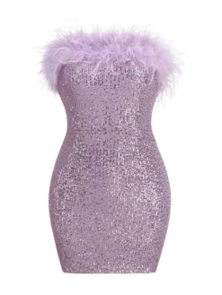 Dresses*Mew Mews Fashion Marin Strapless Feather Sequin Mini Dress In Violet
