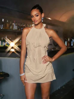 Dresses|Mini Dresses*Mew Mews Fashion Masha Lace Up Ruched Mini Dress In khaki
