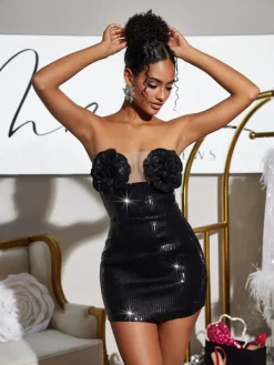 Dresses|Mini Dresses*Mew Mews Fashion Masozi Strapless Flower Sequin Mini Dress