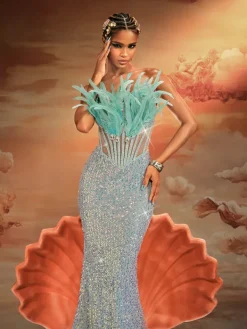 Embellishment|Dresses*Lu Yili Mathis Strapless Feather Sequin Maxi Dress