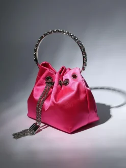 Bags*Mew Mews Fashion Mattea Satin Crystal Embellished Bucket Bag In Hot Pink