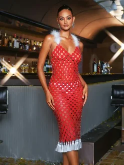 Dresses|Midi Dresses*Mew Mews Fashion O/S Mckie Feather Fringe Chainmail Dress