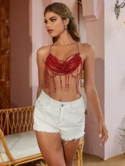 Beaded Wear|Tops*Mew Mews Fashion O/S Mercer Fringe Gemstone Beaded Bralette