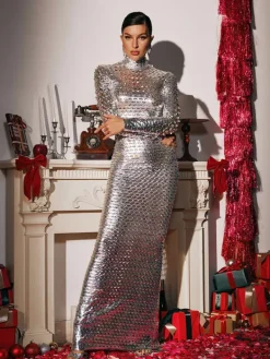 Dresses|Maxi Dresses*Mew Mews Fashion Mercy Long Sleeve Cutout Maxi Dress In Silver