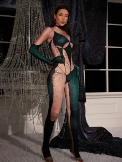 Jumpsuits & Romper|Embellishment*Embellishment O/S Metra Body Printed Rhinestone Gloves Jumpsuit In Green