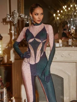 Jumpsuits & Romper|Embellishment*Embellishment O/S Metra Body Printed Rhinestone Gloves Jumpsuit In Green