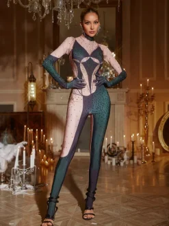 Jumpsuits & Romper|Embellishment*Embellishment O/S Metra Body Printed Rhinestone Gloves Jumpsuit In Green