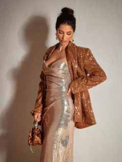 Dresses|Maxi Dresses*Mew Mews Fashion Michiko Strapless Sequin Split Maxi Dress In Champagne