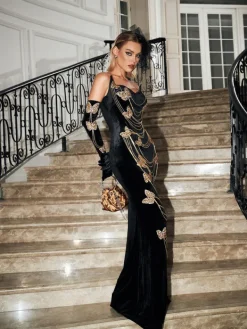 Embellishment|Dresses*Lu Yili Miel Butterfly Chain Embellished Velvet Dress