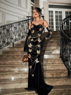 Embellishment|Dresses*Lu Yili Miel Butterfly Chain Embellished Velvet Dress