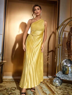 Dresses*Mew Mews Fashion Miller One Shoulder Ruched Maxi Dress In Gold