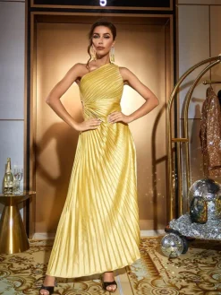Dresses*Mew Mews Fashion Miller One Shoulder Ruched Maxi Dress In Gold