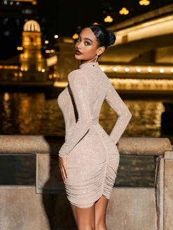 Dresses*Mew Mews Fashion Milton Long Sleeve Rhinestone Ruched Mini Dress