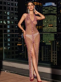 Embellishment|Dresses*Embellishment Miracle Open Back Crystal Chain Split Maxi Dress