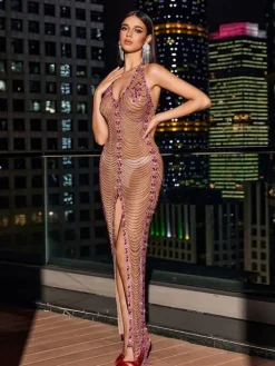 Embellishment|Dresses*Embellishment Miracle Open Back Crystal Chain Split Maxi Dress