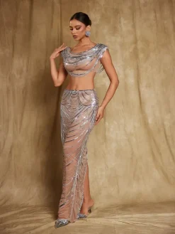 Embellishment|Sets & Co-ords*Embellishment Mirri Crystal Chain Wrapped Mesh Skirt Set