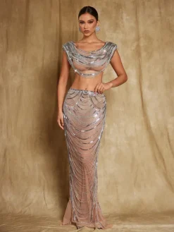 Embellishment|Sets & Co-ords*Embellishment Mirri Crystal Chain Wrapped Mesh Skirt Set