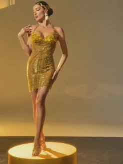 Dresses|Mini Dresses*W Jia Misael Halterneck Crystal Mesh Mini Dress In Gold