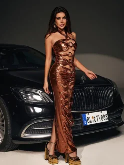 Dresses|Maxi Dresses*Mew Mews Fashion Mocha Hard Ware Hollow Metallic Maxi Dress In Bronze