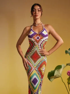 Cover-ups|Swimwear*Mew Mews Fashion Monroe Spaghetti Printed Hollow Knitted Dress